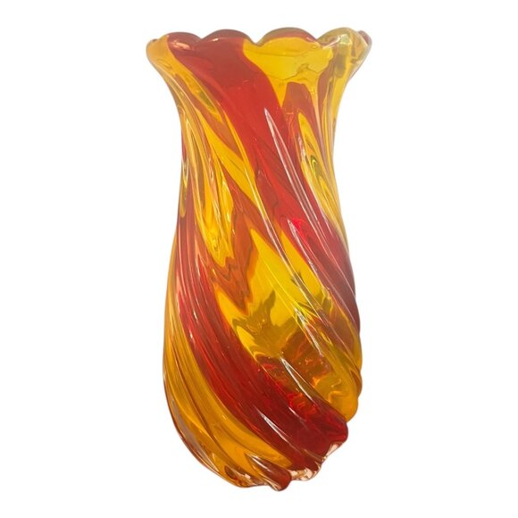 Hand Blown Mid-Century Swirl Art Glass Vase 10" Tall X 5" Wide Red & Yellow - Picture 1 of 6